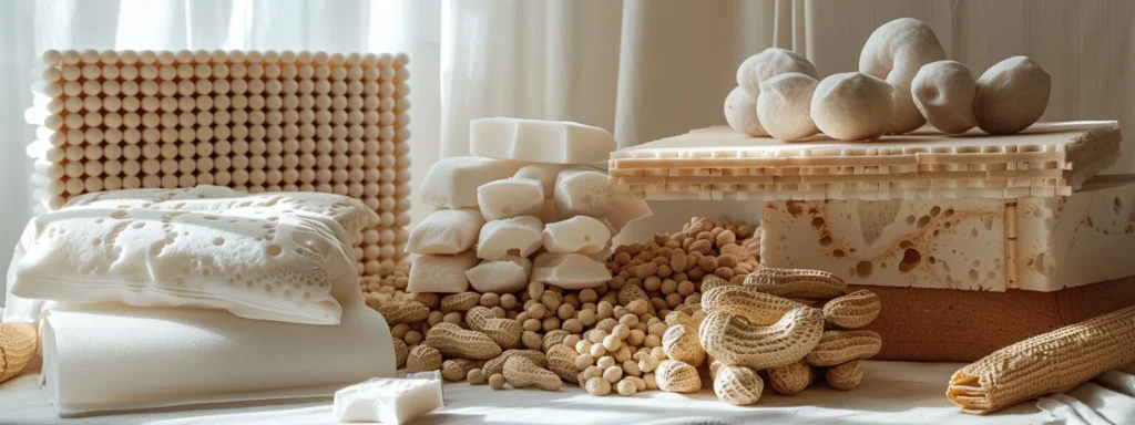 a stack of foam sheets and peanuts surrounded by various odd-shaped items wrapped in protective materials to secure them during transit.