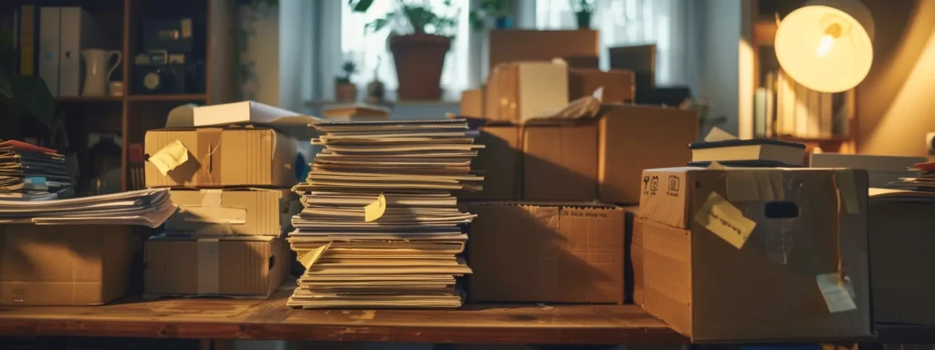 a stack of insurance policy documents on a table, surrounded by moving boxes filled with valuable items, under a bright light, showcasing the importance of secure comprehensive insurance coverage during the moving process.