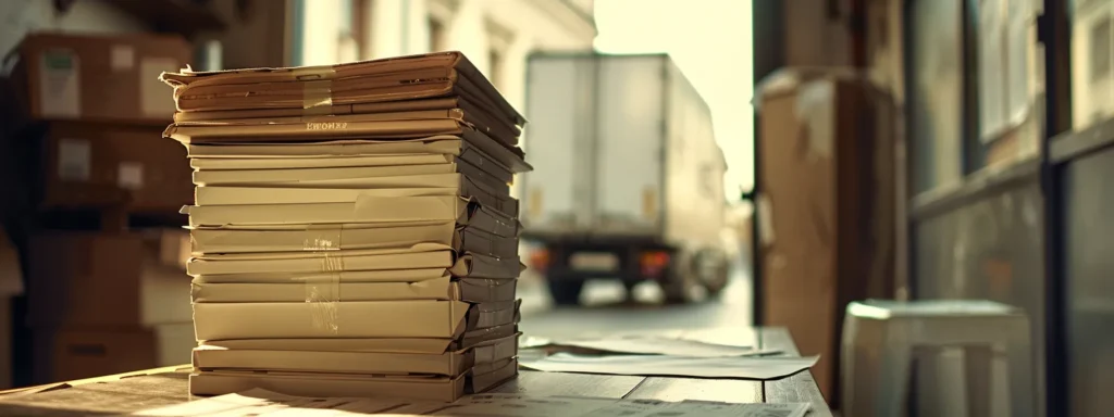 a stack of neatly organized documents on a table, a moving truck parked in the background, ready for a smooth moving day.