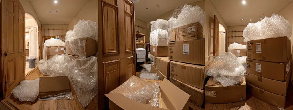 a stack of sturdy cardboard boxes filled with bubble wrap and packing paper, ready to protect valuables during a move.