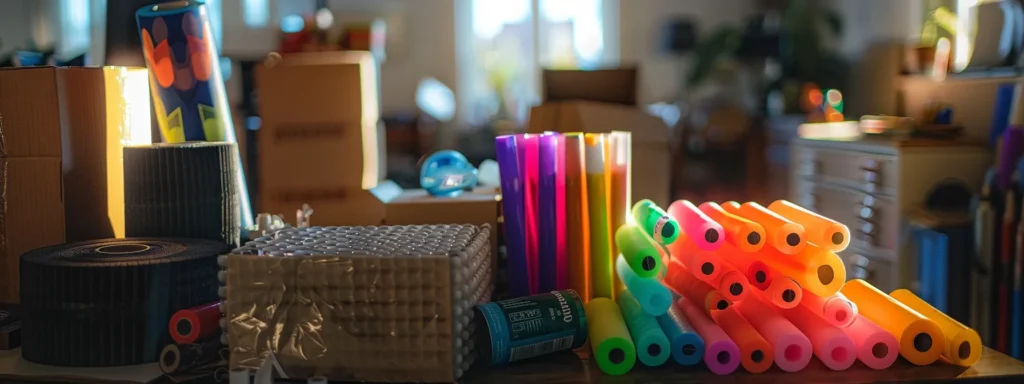 a stack of sturdy cardboard boxes, rolls of bubble wrap, packing tape, and colorful markers arranged neatly on a table for a smooth interstate move.