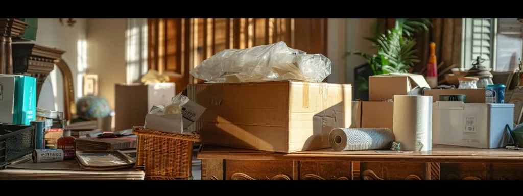 a table filled with sturdy boxes, bubble wrap, and packing tape, surrounded by various items like antiques and bathroom essentials, ready for a smooth moving process.