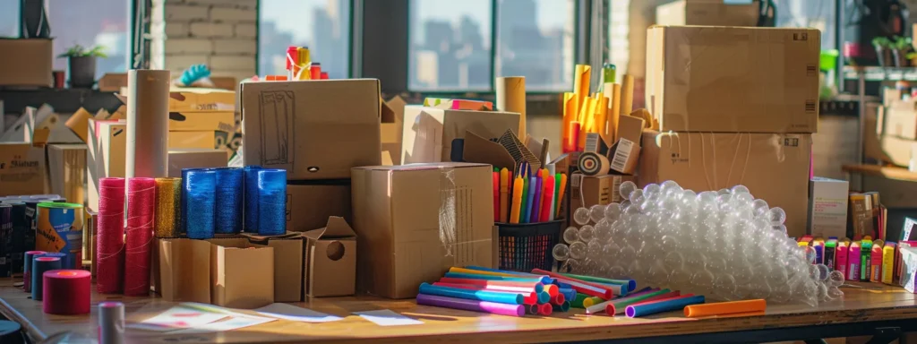 a table overflowing with sturdy boxes, bubble wrap, packing tape, and colorful markers for organizing and labeling essential packing supplies for a long-distance move.