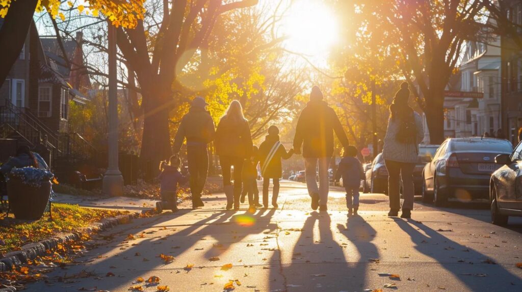 a vibrant neighborhood scene captures families joyfully exploring local shops and parks, basking in warm sunlight, as laughter and camaraderie fill the air, exemplifying the journey towards a newfound sense of belonging.