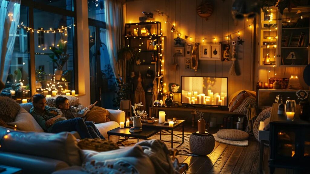 a warmly lit living room showcases a happy family engaged in a cozy evening routine, surrounded by organized decor that reflects their unique style and fosters a sense of community.