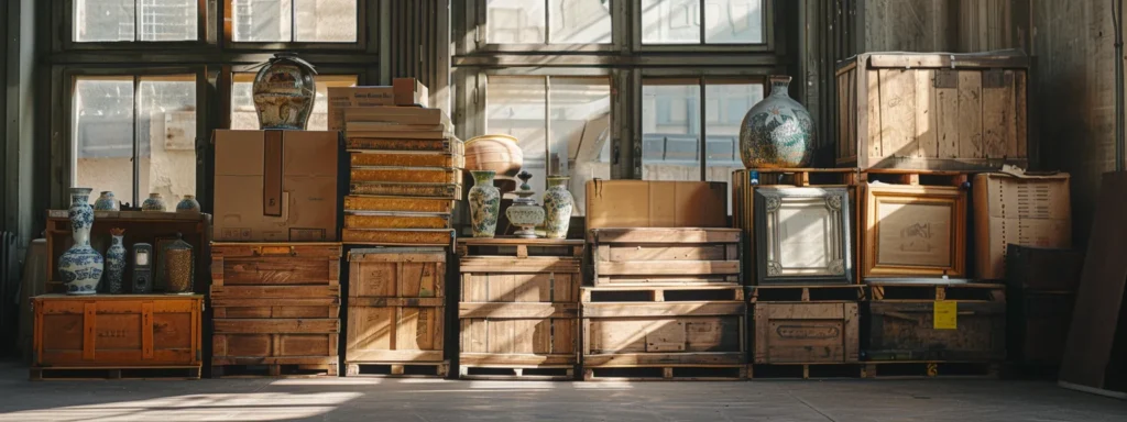 carefully packed crates holding delicate artwork, antique vases, and secure security seals, ensuring safe transit for valuable possessions during a long-distance move.