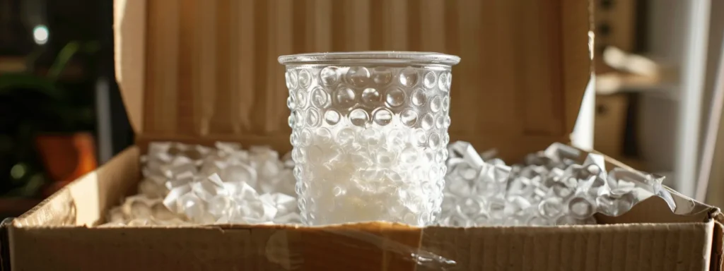 delicate glassware wrapped in bubble wrap, nestled in a sturdy box with packing peanuts for a safe move.