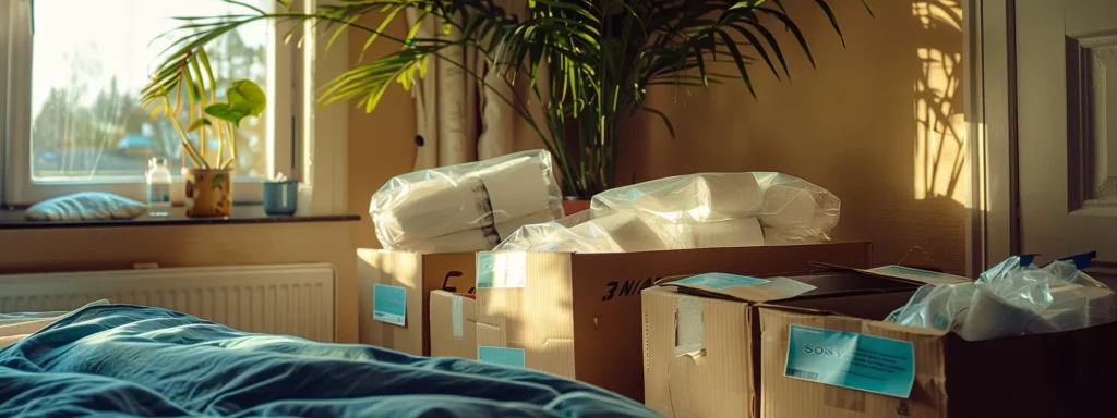 neatly labeled boxes with masking tape filled with ziploc bags of socks in a bedroom, toilet paper easily accessible nearby.