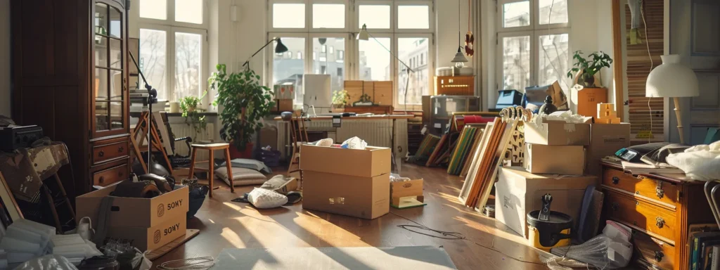 a cluttered room with furniture pieces disassembled and neatly organized alongside packing materials, ready for a cross-country move.