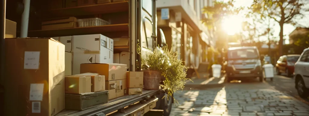 a moving truck being loaded with carefully labeled boxes and essential items on a bright, sunny day.