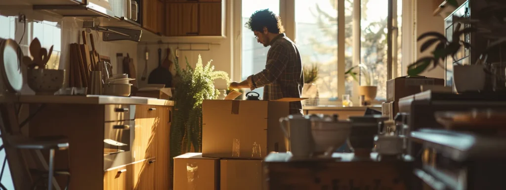 a person packing up kitchenware and everyday items, with moving boxes stacked neatly in the background, ready for the upcoming relocation.