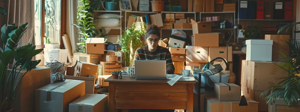 a person surrounded by piles of labeled boxes and a detailed checklist, booking a moving company on a laptop, while organizing belongings in preparation for a long-distance move.