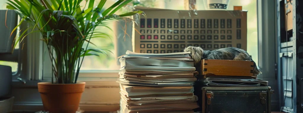 a stack of neatly organized documents, a pet carrier, and a potted plant next to a moving box filled with household items, symbolizing the preparation needed four weeks before a move.