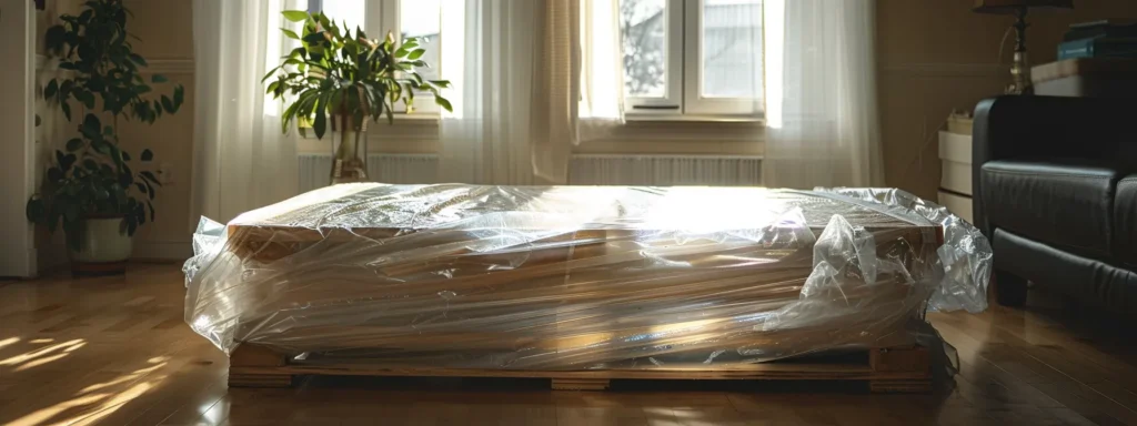 a sturdy wooden dining table wrapped in protective bubble wrap and packing tape, ready for a cross-country move.