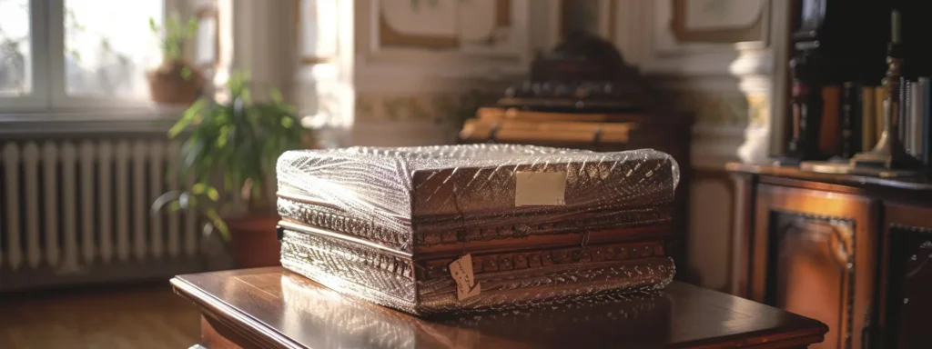 carefully wrapping a delicate antique dresser in bubble wrap, securing it with tape, and labeling it for a cross-country move.