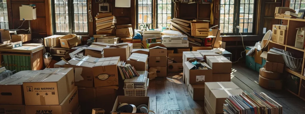 in a spacious room, cardboard boxes labeled with different rooms are neatly stacked, filled with non-essential items like books and decor, surrounded by packing supplies like tape and bubble wrap, ready for the upcoming move 6 weeks away.