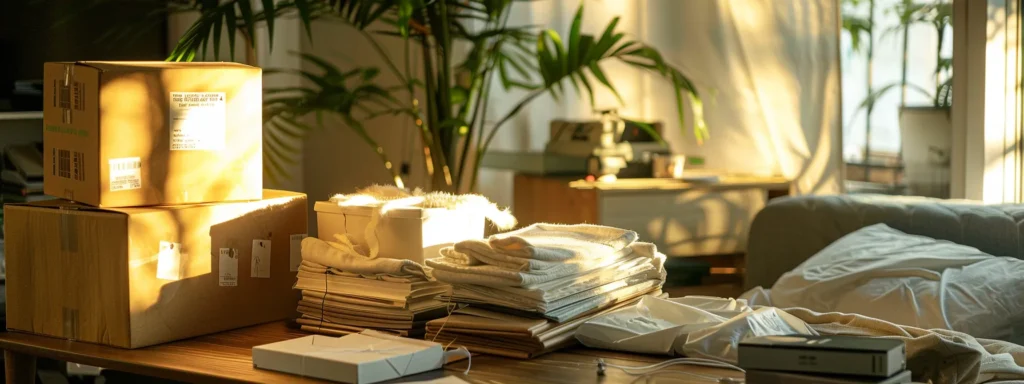 in a well-lit room, a neatly organized moving day kit sits on a table, surrounded by labeled boxes and a freshly cleaned space, ready for the upcoming transition.