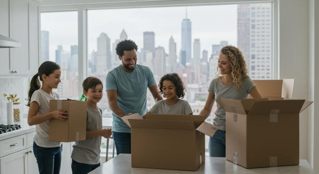 a joyful family is unpacking boxes in a bright, modern kitchen of their new home in the hudson valley, surrounded by cityscape views through large windows, symbolizing a fresh start after a long-distance move.