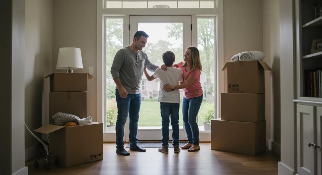 a joyful family embraces each other in the welcoming foyer of their new hudson valley home, surrounded by moving boxes and an inviting atmosphere that reflects the excitement of new beginnings.