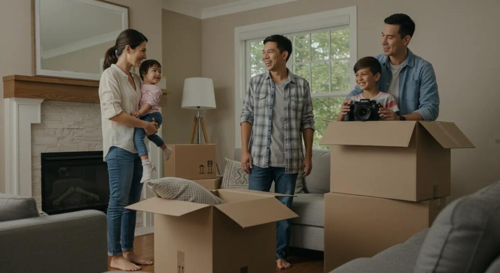 a joyful family stands in their new, warmly lit living room in a hudson valley home, surrounded by moving boxes, with smiles on their faces as they discuss their upcoming adventures in the area.