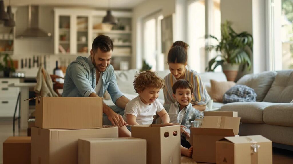 a cheerful family is seen organizing their belongings in a stylish, modern living room filled with moving boxes, emphasizing the excitement and anticipation of starting a new chapter in their hudson valley home.