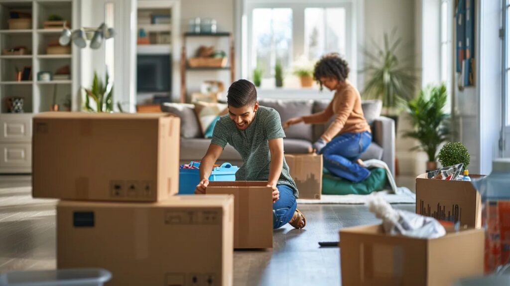 a joyful family energetically packing boxes in a bright, organized living room, surrounded by moving supplies and vibrant décor, embodying the excitement of a new beginning in the hudson valley.