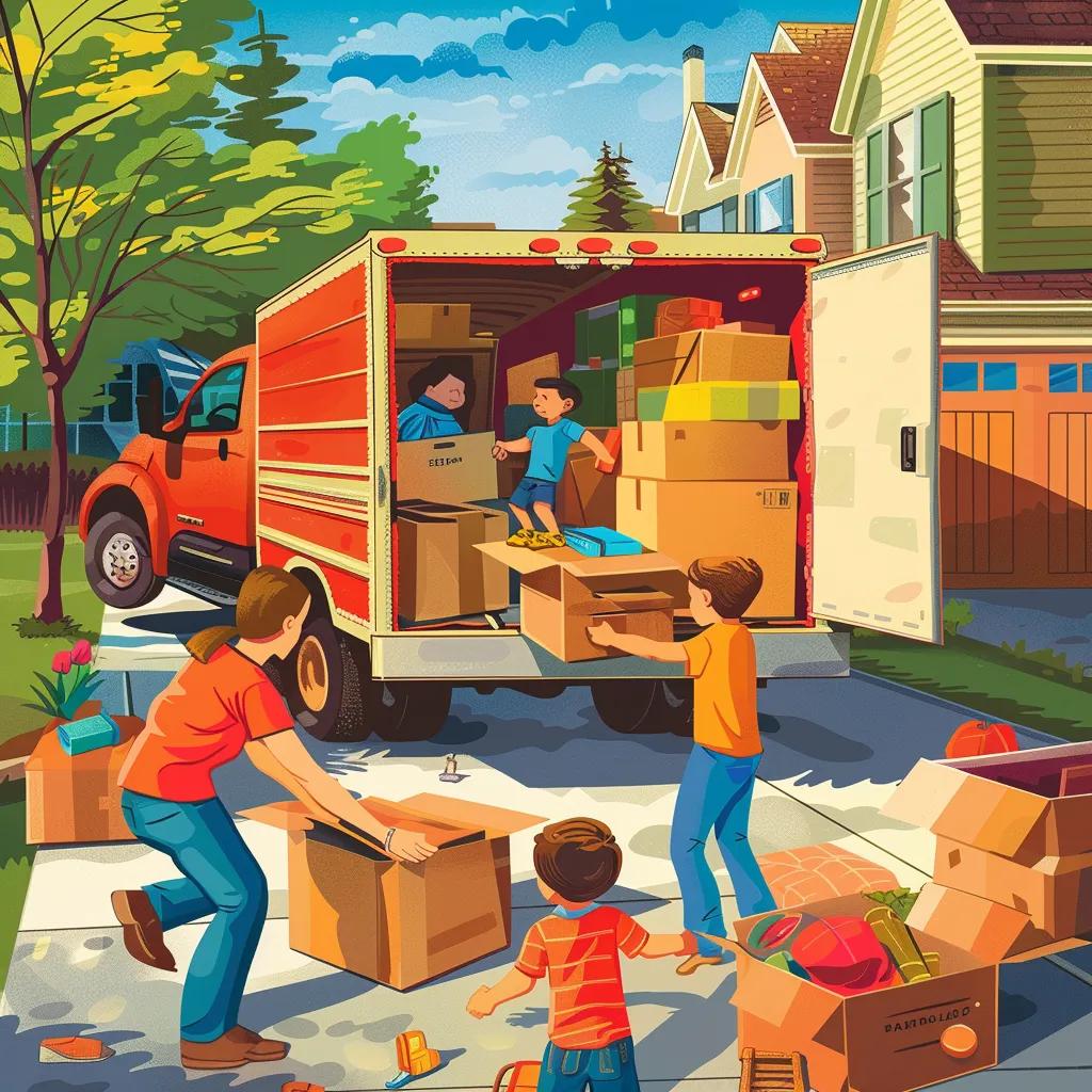Family unloading boxes from a moving truck during a residential relocation, showcasing teamwork and organization in a neighborhood setting, emphasizing affordable moving services.