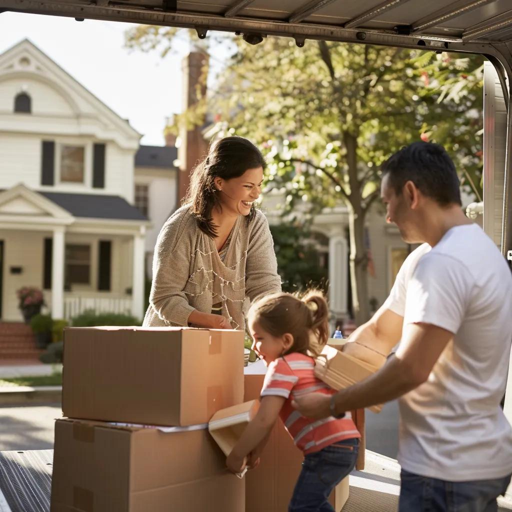 Family joyfully unloading moving boxes from a truck in front of a house, illustrating the moving process and affordable movers' services.