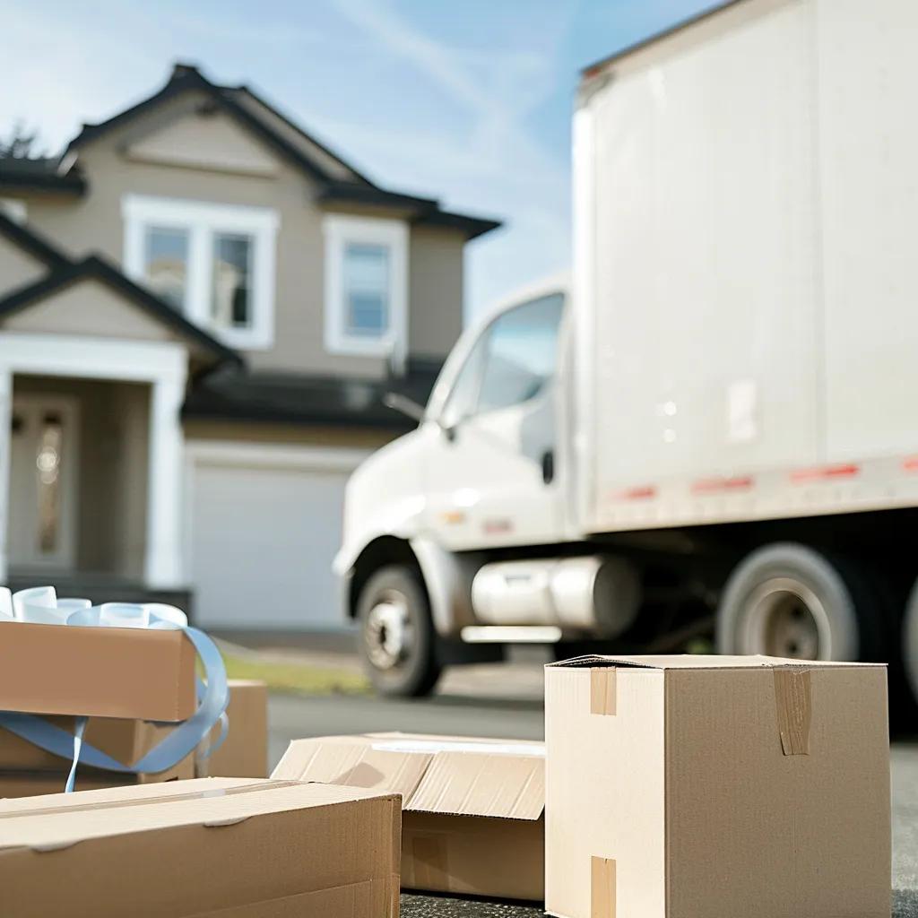 Boxes and packing materials in front of a house, with a moving truck parked nearby, illustrating the process of relocating with affordable movers.