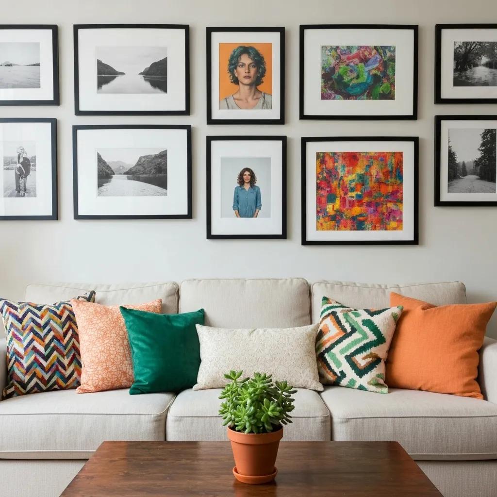 A stylish gallery wall featuring framed photos and vibrant decor, showcasing quick decorating ideas for a new home