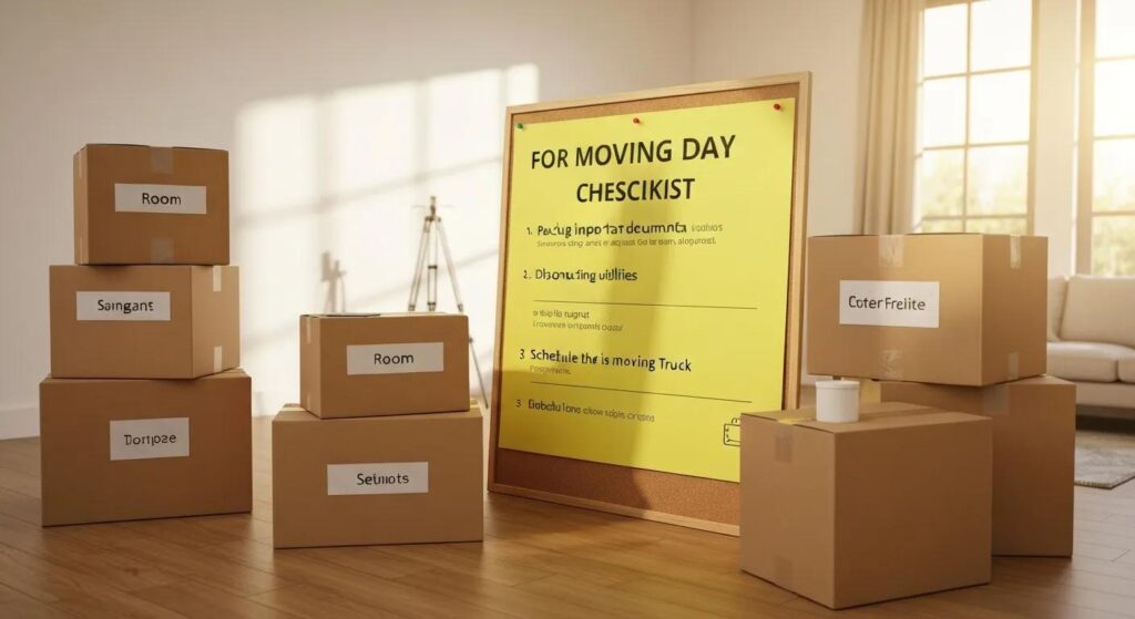 A well-organized moving preparation scene with labeled boxes and a checklist for moving day
