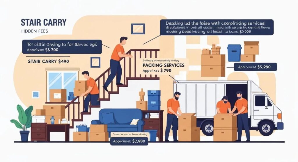 Illustration of common hidden fees in long distance moving, including stair carry and packing costs