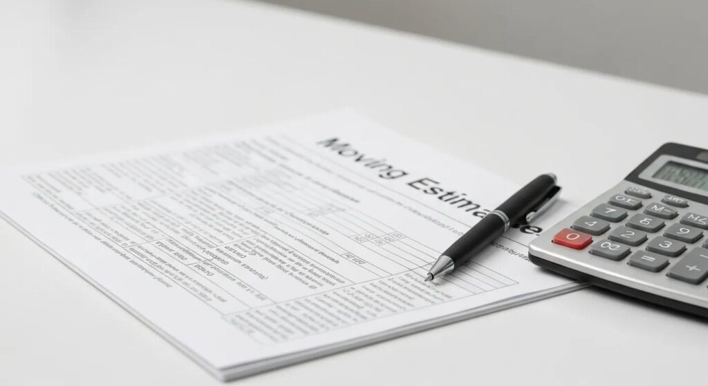 Close-up of a binding moving estimate document with a pen and calculator on a desk