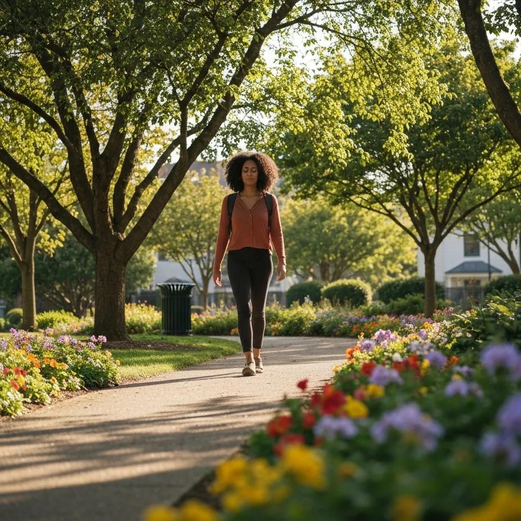 A person enjoying a peaceful walk in a park, symbolizing the journey of overcoming homesickness after moving