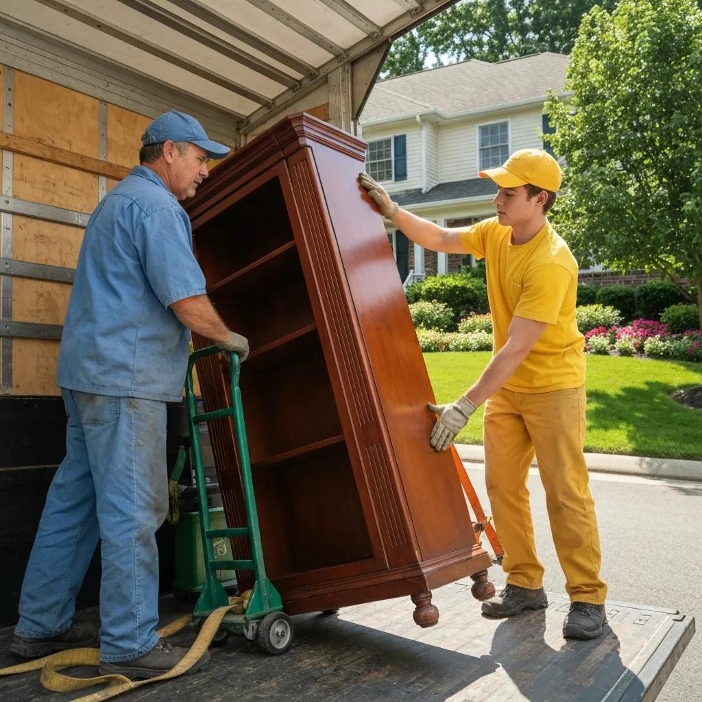 Two movers loading a wooden bookshelf onto a moving truck, showcasing professional packing and transport services for long-distance relocations in the Hudson Valley, NY.