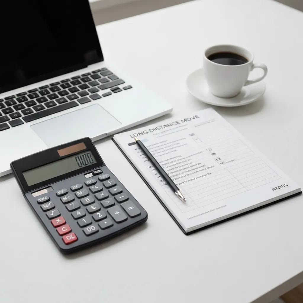Calculator and moving quotes on a desk, emphasizing budgeting for long distance moving