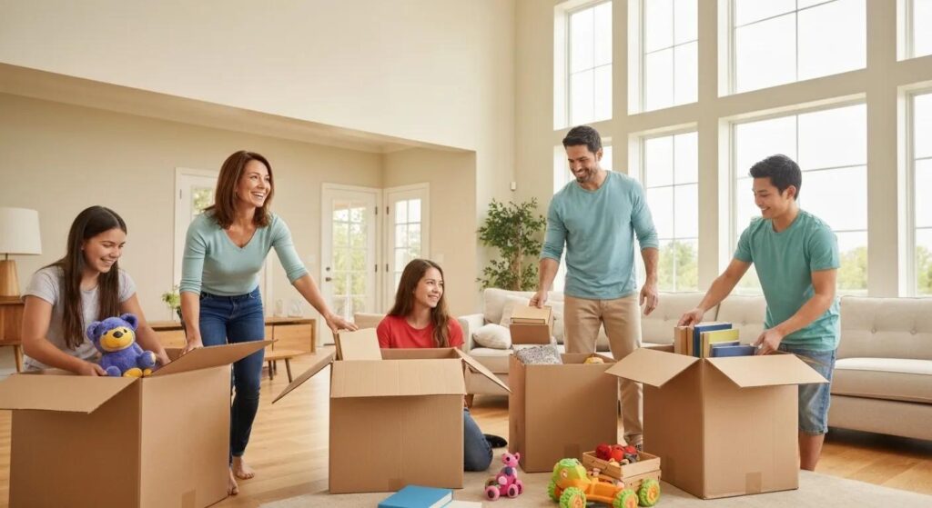 Family packing for a long distance move, showcasing excitement and teamwork