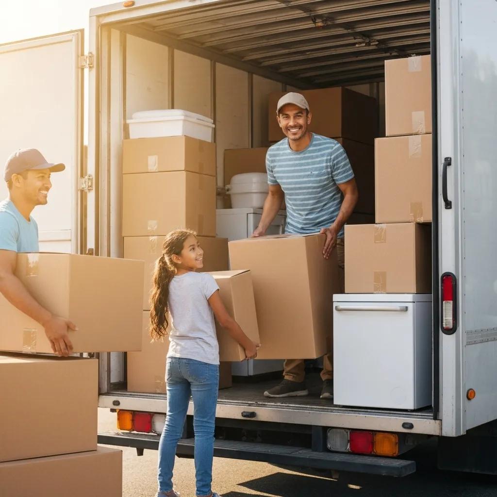 Family preparing for a long distance move with organized packing and moving truck