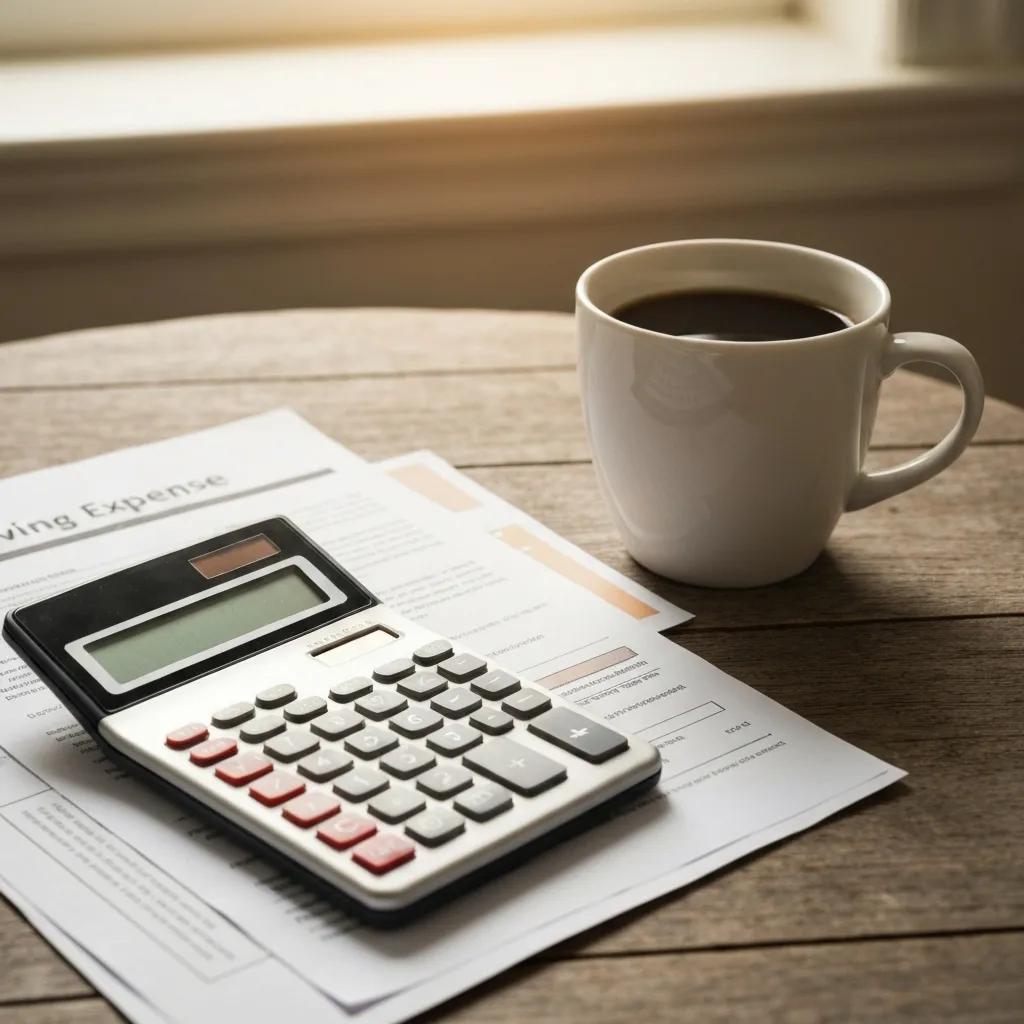 Calculator and moving expense documents on a table, representing budgeting for relocation costs