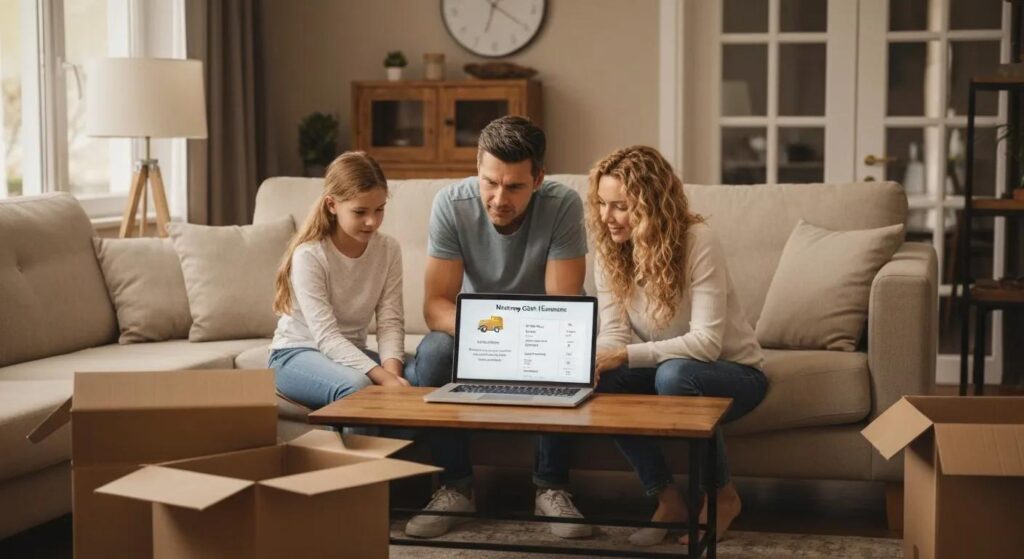 Family discussing moving estimates with a laptop and moving boxes in a cozy living room