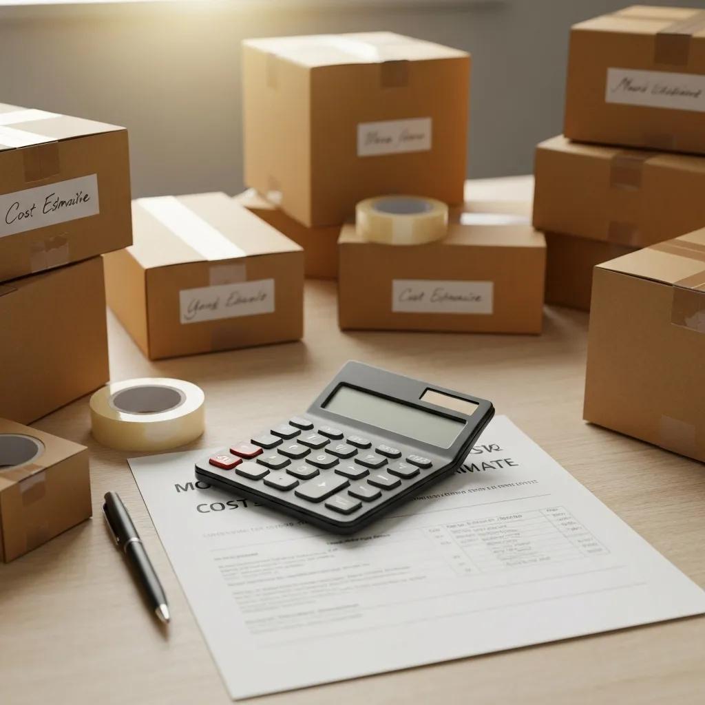 Calculator and cost estimate sheet on a table surrounded by labeled moving boxes and packing tape, illustrating budgeting for long-distance moving services in Hudson Valley, NY.
