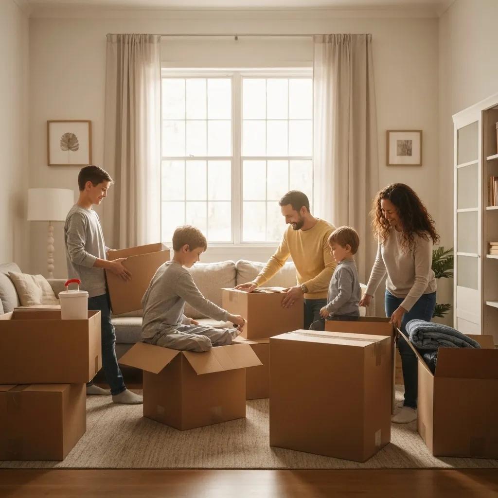 Family packing belongings in a cozy living room during a move, emphasizing homeowners insurance considerations