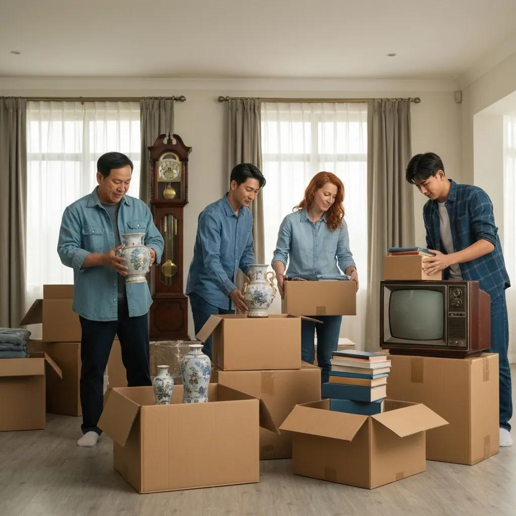 Family packing high-value items for a move, emphasizing Full Value Protection