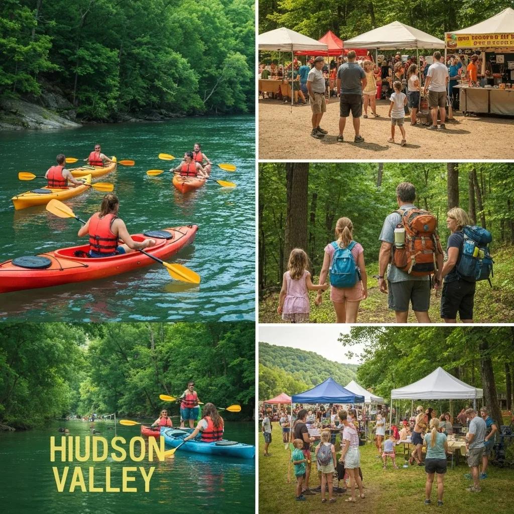 People enjoying outdoor activities in the Hudson Valley, including hiking and kayaking