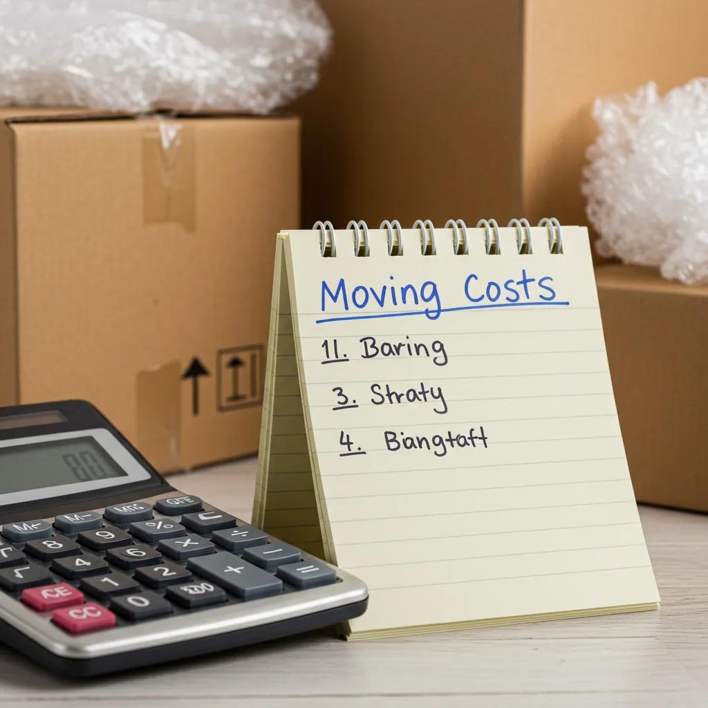 Calculator and notepad with moving cost estimates surrounded by packing materials