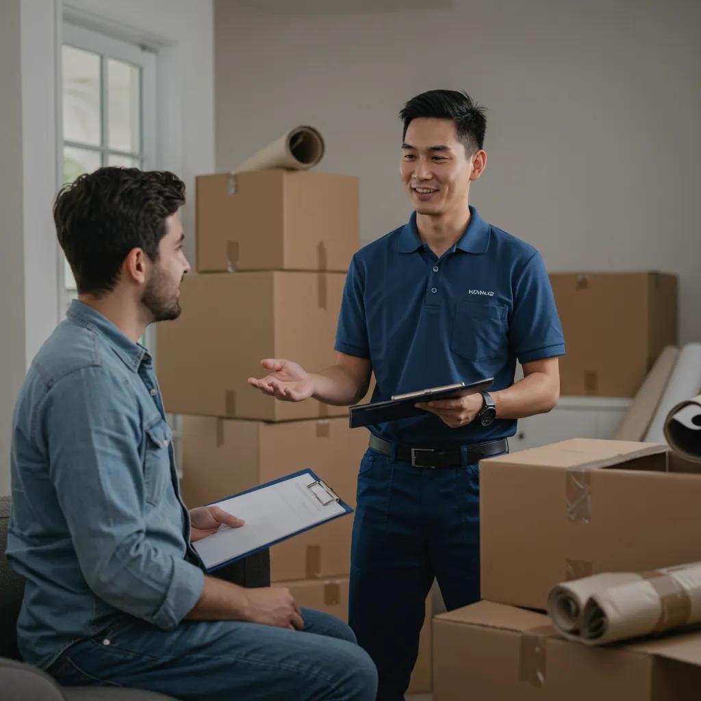 Customer consulting with a moving company representative in a home, highlighting the process of hiring reliable hourly movers