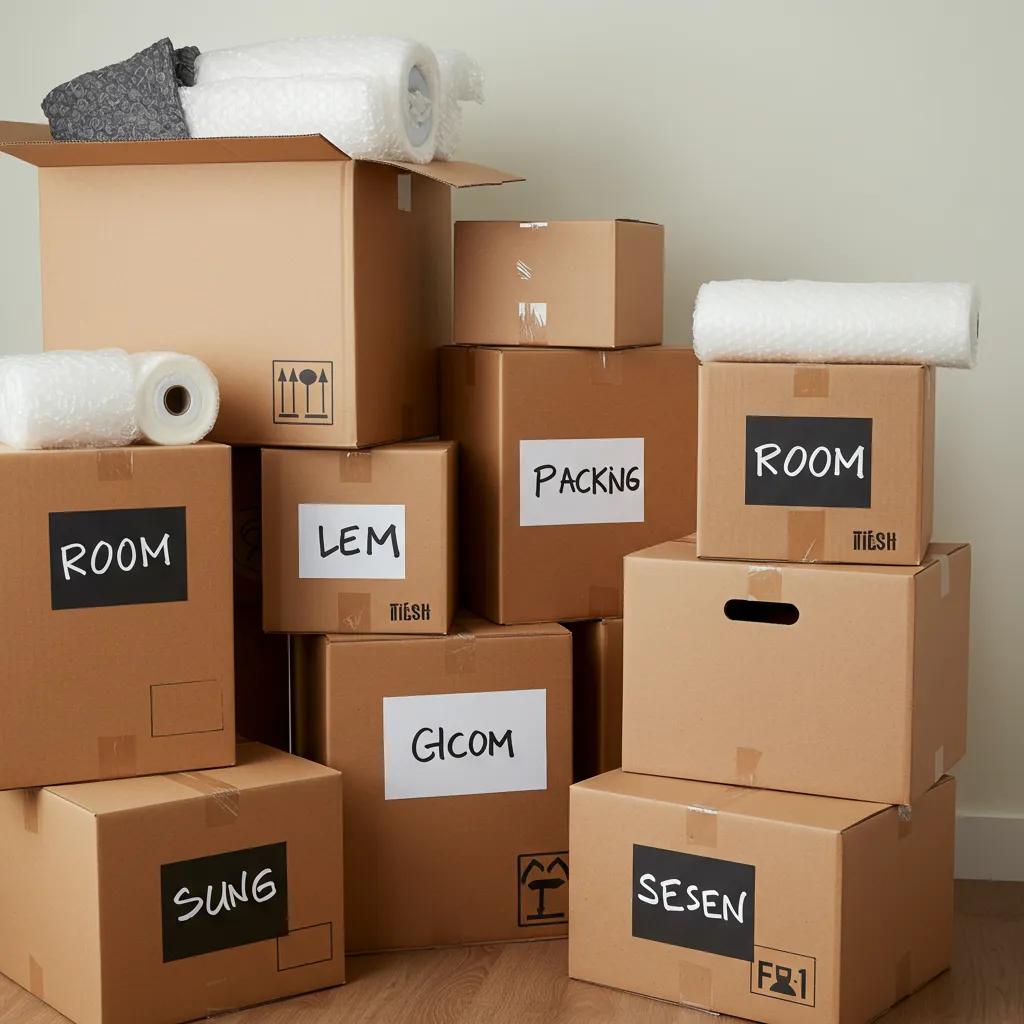 Efficient packing setup with labeled boxes and packing materials, demonstrating effective moving strategies