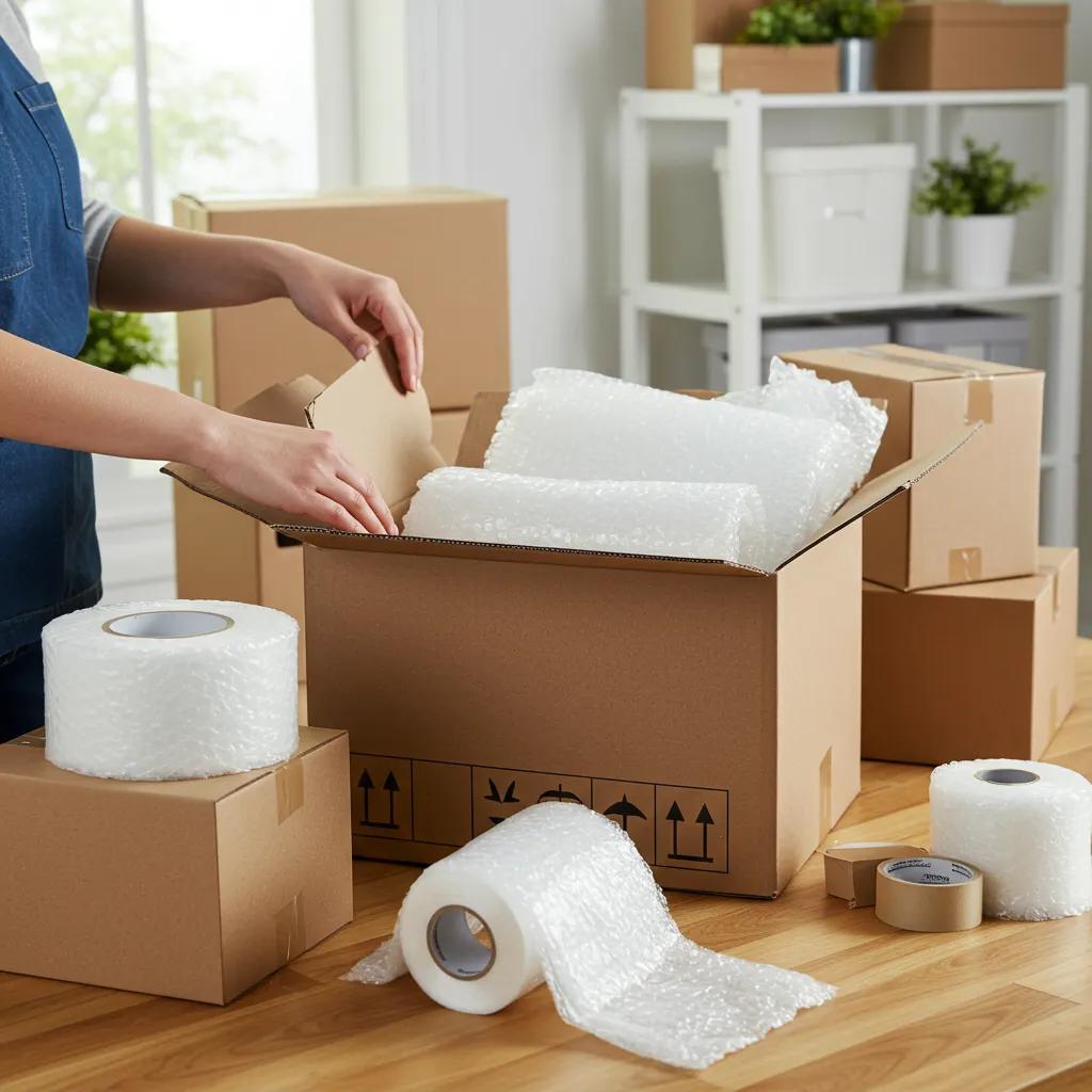Packing station with materials and a person packing fragile items into a box