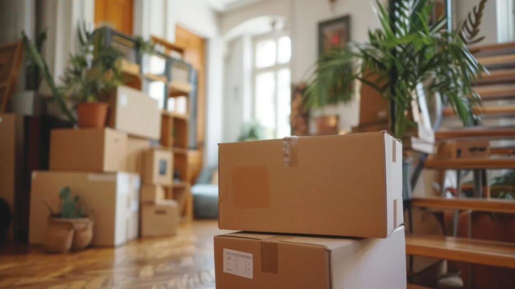 Boxes in a well-lit room with wooden flooring, surrounded by plants and furniture, illustrating the process of efficient office moving in Hudson Valley.