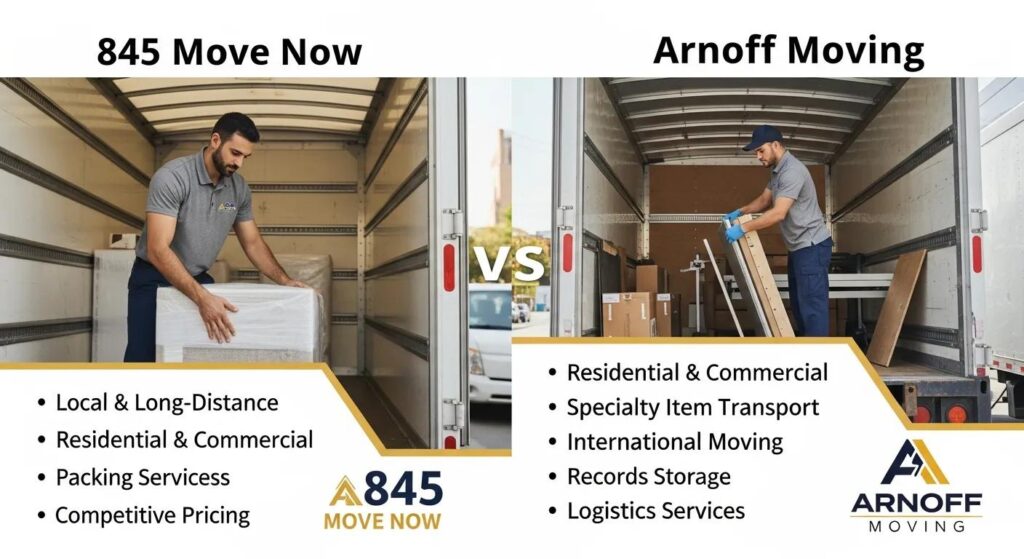 Image comparing 845 Move Now and Arnoff Moving, featuring two movers loading items into trucks, with text highlighting service offerings like local and long-distance moving, packing services, and competitive pricing for 845 Move Now.